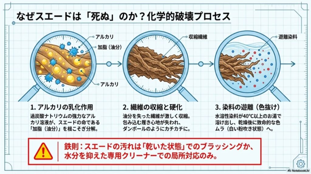 強アルカリによる油分（加脂）の分解、繊維の収縮・硬化、染料の遊離プロセスを説明する図解。