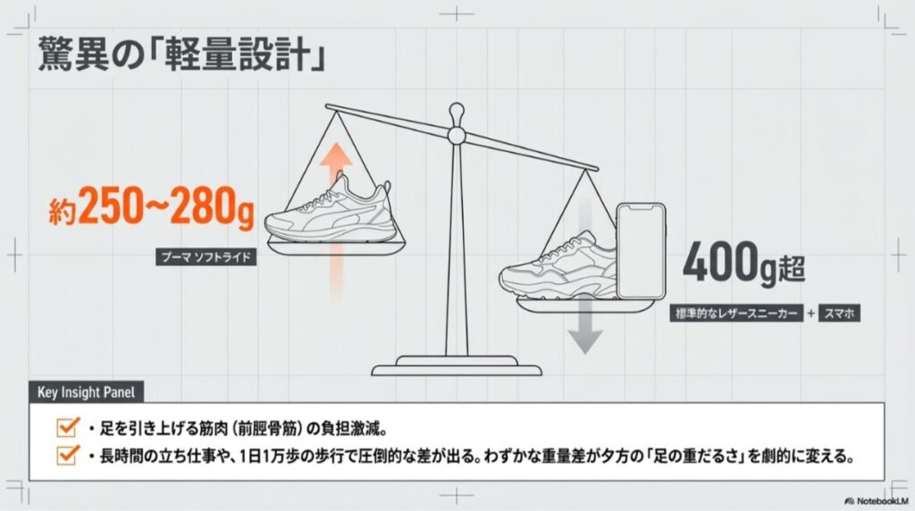 片足250〜280gのソフトライドと、400g超のレザースニーカーを天秤で比較した図。筋肉負担の軽減について記述。