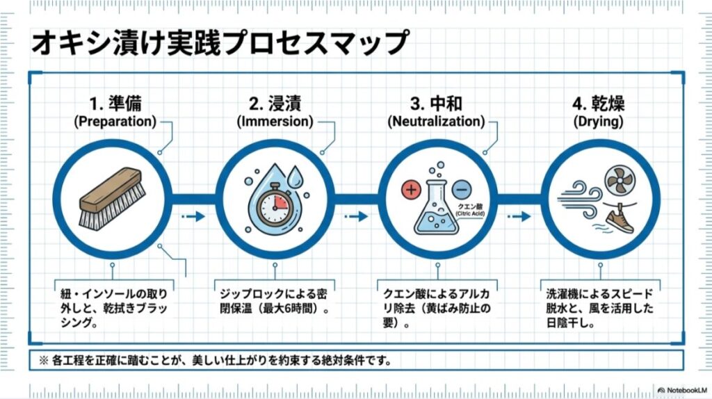 準備、浸漬、中和、乾燥の4つのステップをアイコンで示したワークフロー図。