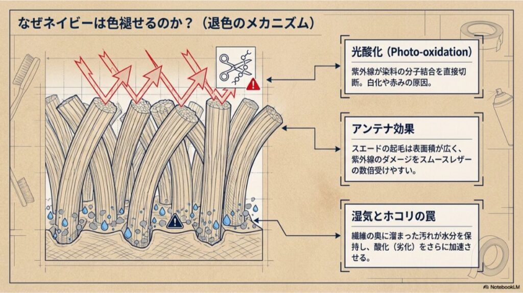 スエードの起毛繊維が紫外線を浴びて染料の結合が切れる「光酸化」と、表面積の広さゆえにダメージを受けやすい「アンテナ効果」を説明する断面図。