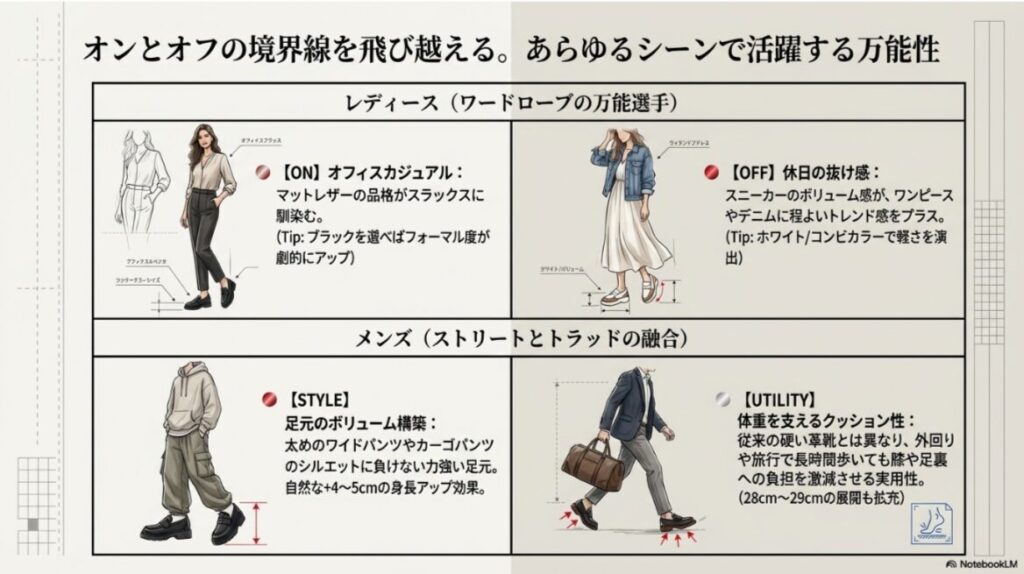 レディースのオフィスカジュアルと休日のコーディネート、およびメンズのストリートスタイルのイラスト。マットレザーがスラックスに馴染む様子や、ワイドパンツとのボリューム感のバランスが良いことを解説している。