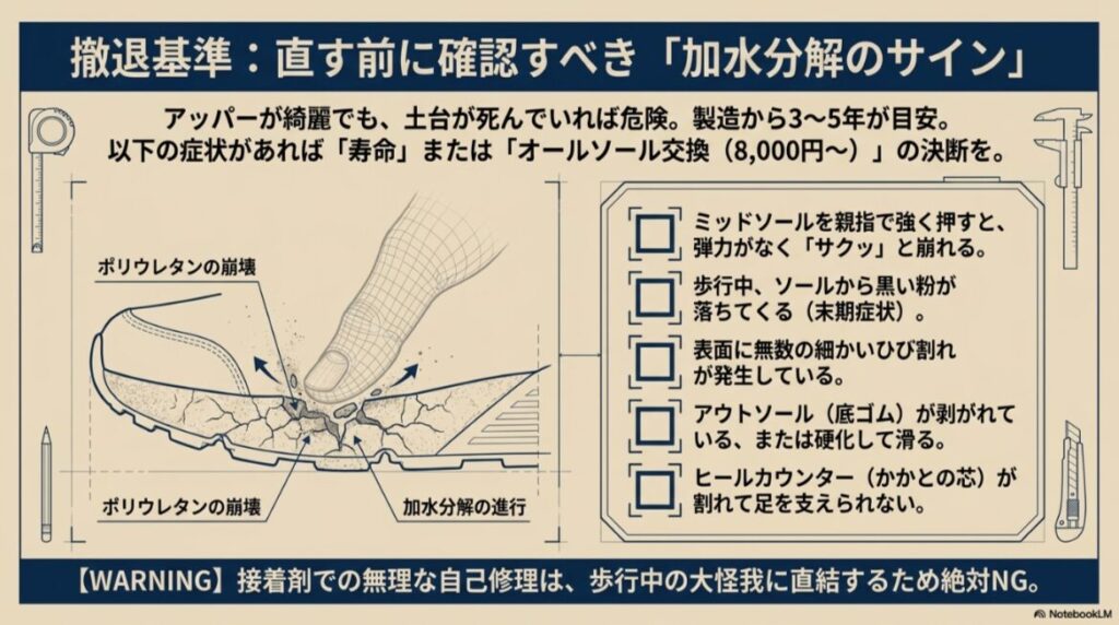 ミッドソールの崩壊、黒い粉、ひび割れ、アウトソールの剥がれなど、寿命と判断すべきソールの劣化症状をイラストで示したチェック図。
