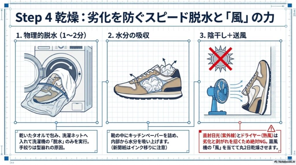 洗濯機での脱水、キッチンペーパーの詰め方、扇風機による陰干しの3ステップを解説したイラスト。