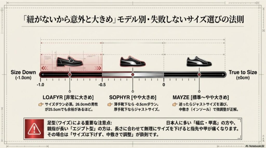 LOAFYR、SOPHYR、MAYZEの3モデルのサイズ感を比較したグラフ。LOAFYRは非常に大きく「サイズダウン必須」、SOPHYRとMAYZEは「標準〜やや大きめ」であることを示し、中敷きでの調整を推奨している。