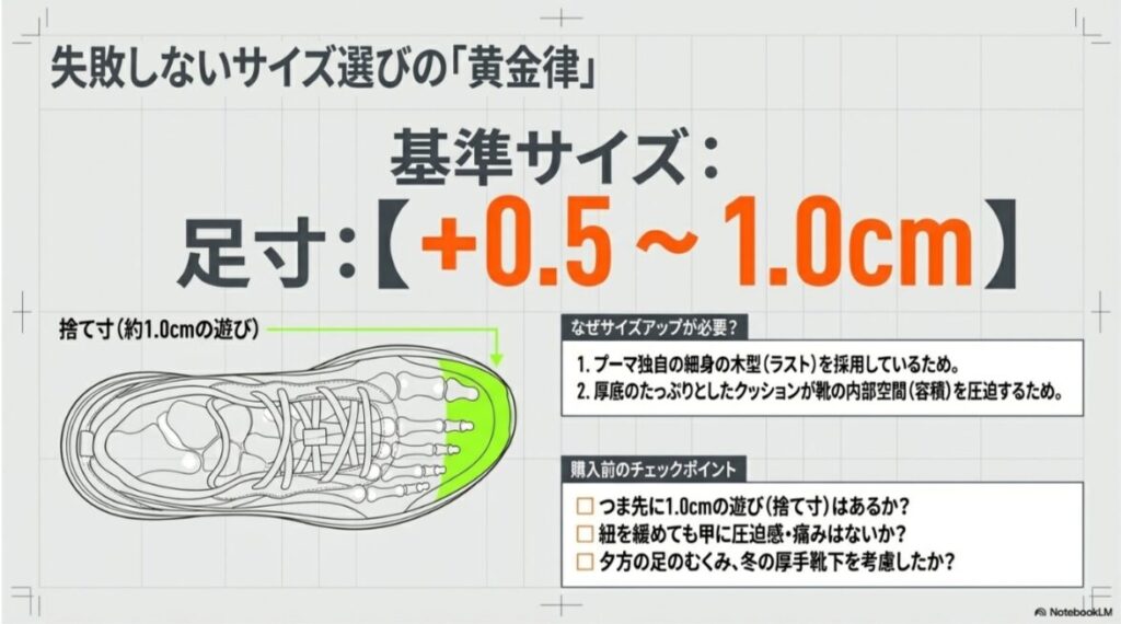 足寸に対して+0.5〜1.0cmを選ぶ理由。プーマ特有の細身の木型と、厚底クッションによる内部容積の圧迫についての図解。