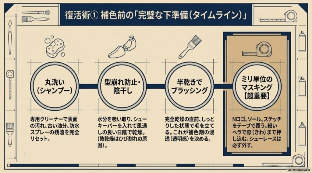 丸洗い、型崩れ防止の陰干し、半乾きでのブラッシング、ミリ単位のマスキングという、補色前に行うべき4つの工程を順に説明した図。