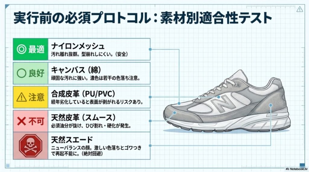 素材ごとのオキシ漬け相性チャート。ナイロンメッシュは最適、天然スエードは絶対回避など、5段階のアイコンで解説。