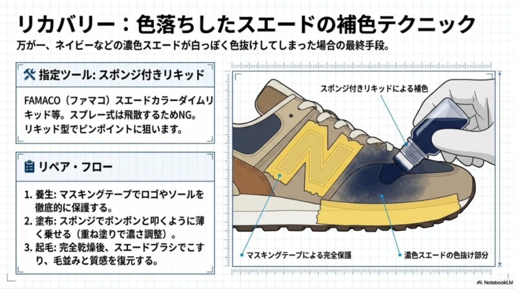 マスキングテープで養生し、リキッドタイプの補色剤をスエードに塗布する手順を示したイラスト。