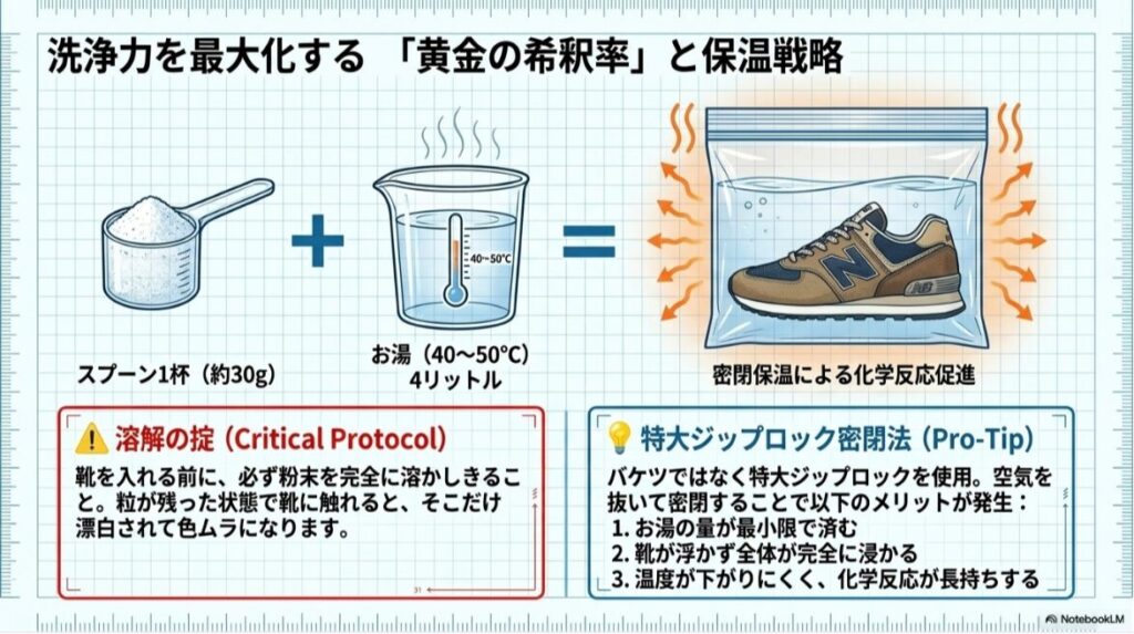 お湯4Lに対しスプーン1杯の割合と、特大ジップロックを使用した密閉保温のメリットを説明する図解。