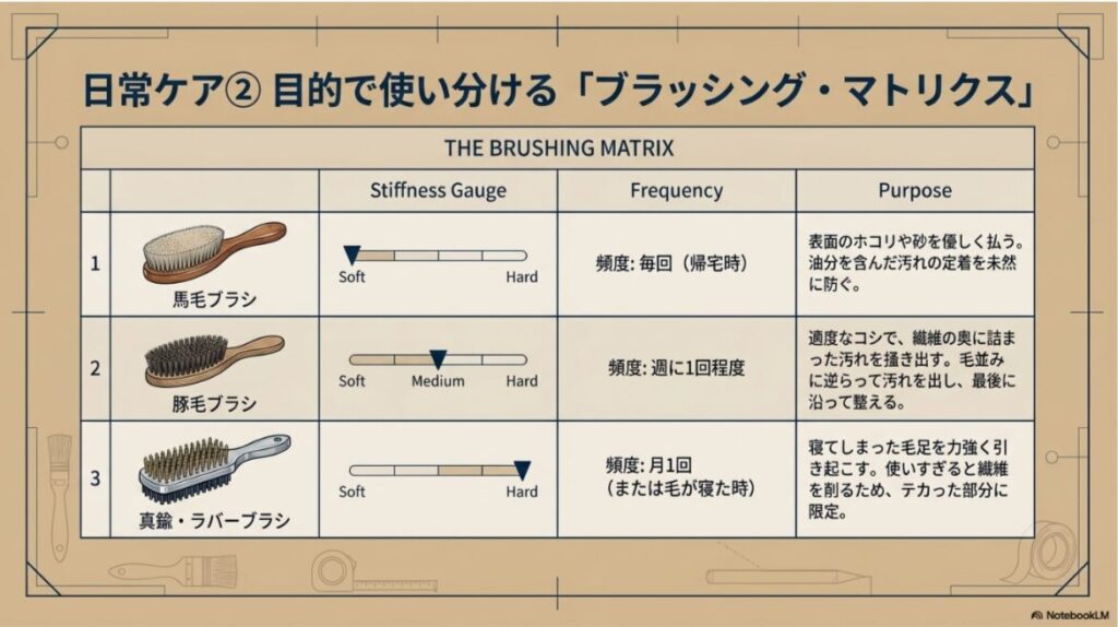 馬毛ブラシ（毎日・ホコリ払い）、豚毛ブラシ（週1・奥の汚れ）、真鍮・ラバーブラシ（月1・毛起こし）の頻度と目的をまとめた比較表。