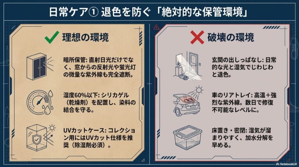 「理想の環境」として暗所保管や湿度60%以下を挙げ、「破壊の環境」として玄関の出しっぱなしや車のリアトレイなどを対比させたリスト。