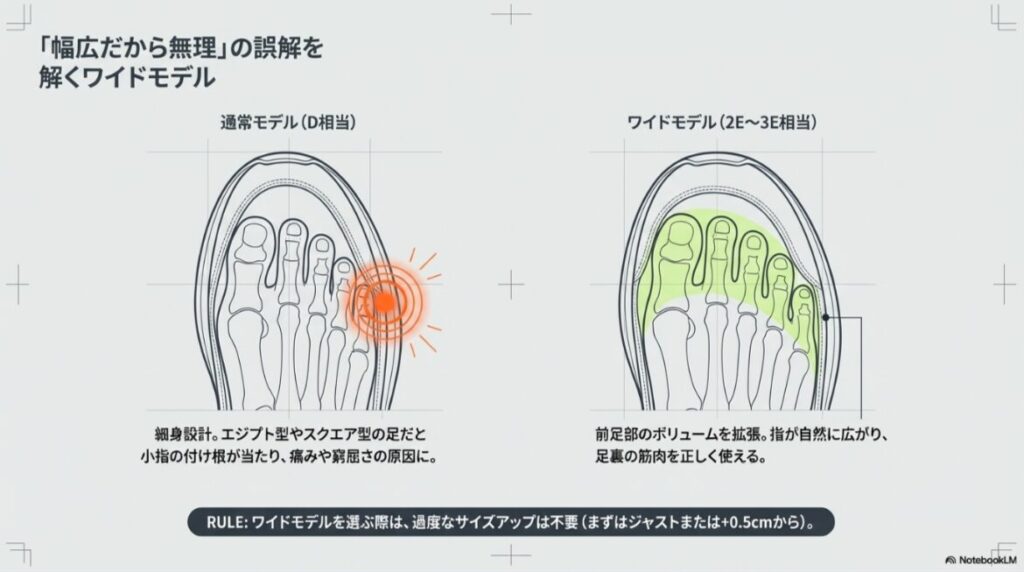 通常モデル（D相当）とワイドモデル（2E〜3E相当）の前足部ボリュームの差を示す図。