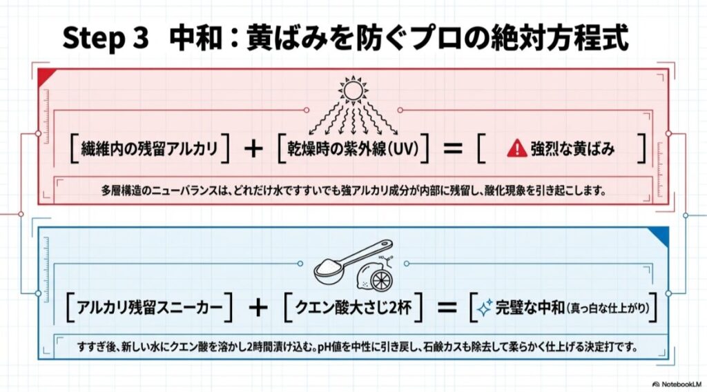 残留アルカリと紫外線が合わさると黄ばみが発生する仕組みと、クエン酸による完璧な中和プロセスを説明する数式風の図解。