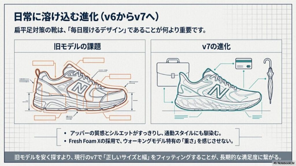 ニューバランス880の旧モデルの課題とv7の進化を比較し、日常に使いやすいデザインとFresh Foam Xの採用を示したスライド