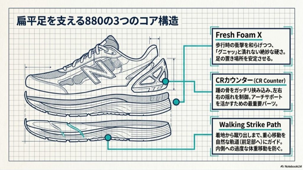 ニューバランス880のFresh Foam X、CRカウンター、Walking Strike Pathが扁平足の歩行安定を支える仕組みを示した構造図