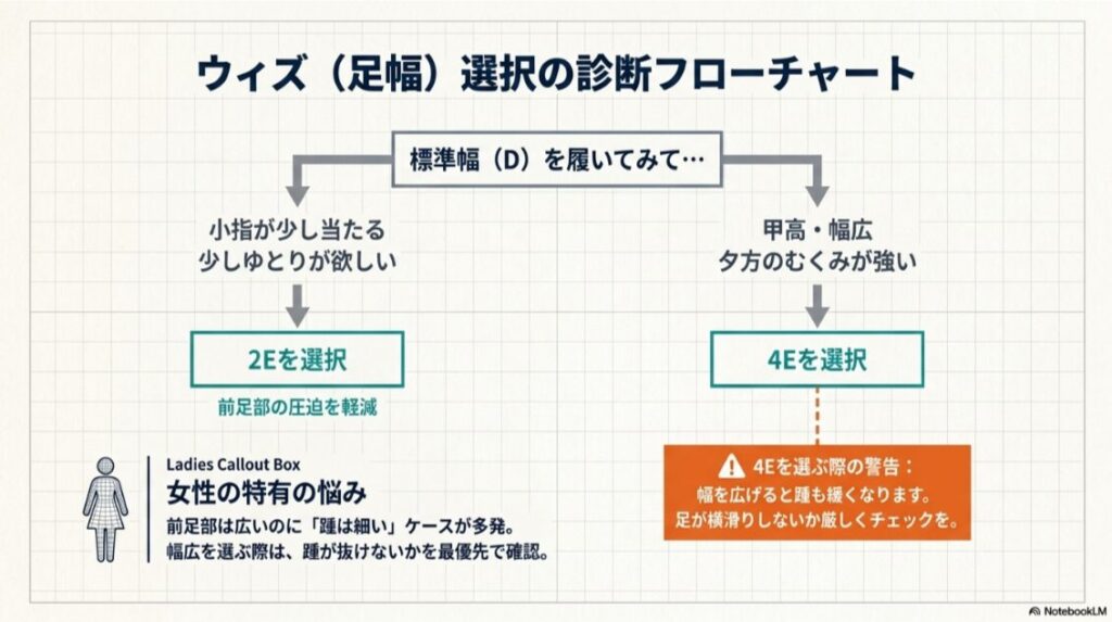 標準幅から2Eや4Eを選ぶ判断基準と、幅を広げる際に踵が緩くならないか確認する重要性を示したフローチャート