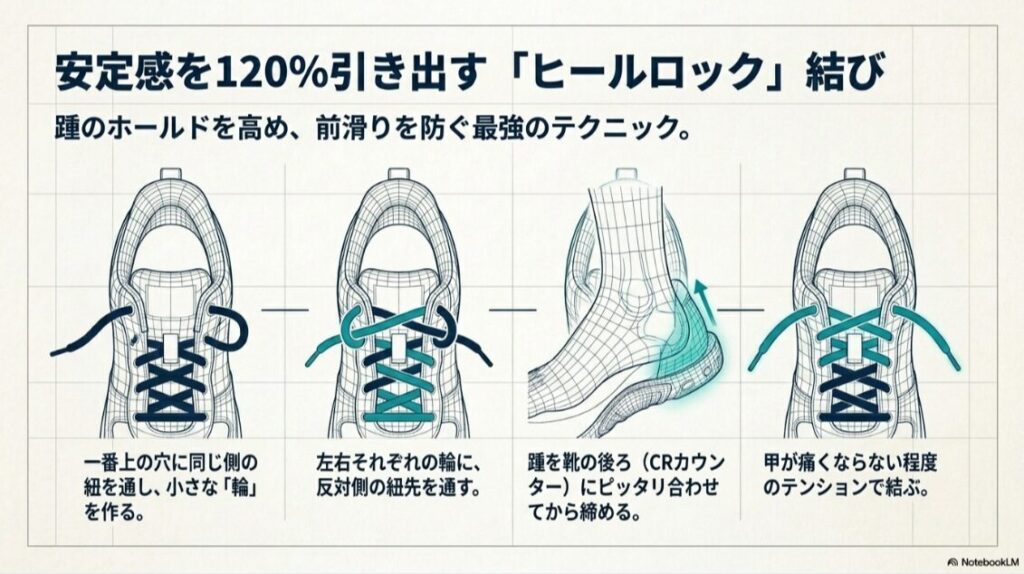 一番上の穴で輪を作り、反対側の紐を通して踵をCRカウンターに合わせ、甲が痛くならない強さで結ぶヒールロックの手順図