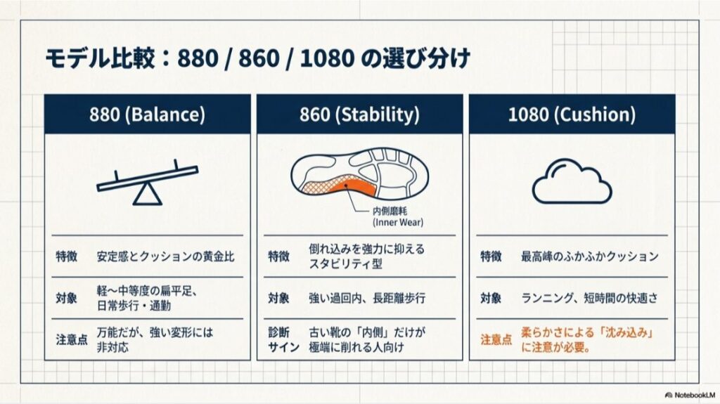 ニューバランス880はバランス型、860は安定性重視、1080はクッション重視として扁平足目線で選び分ける比較表