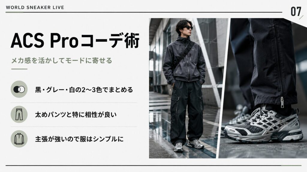 ACS Pro風のサロモンスニーカーを太めパンツやテック系アイテムに合わせたモード寄りコーデ例