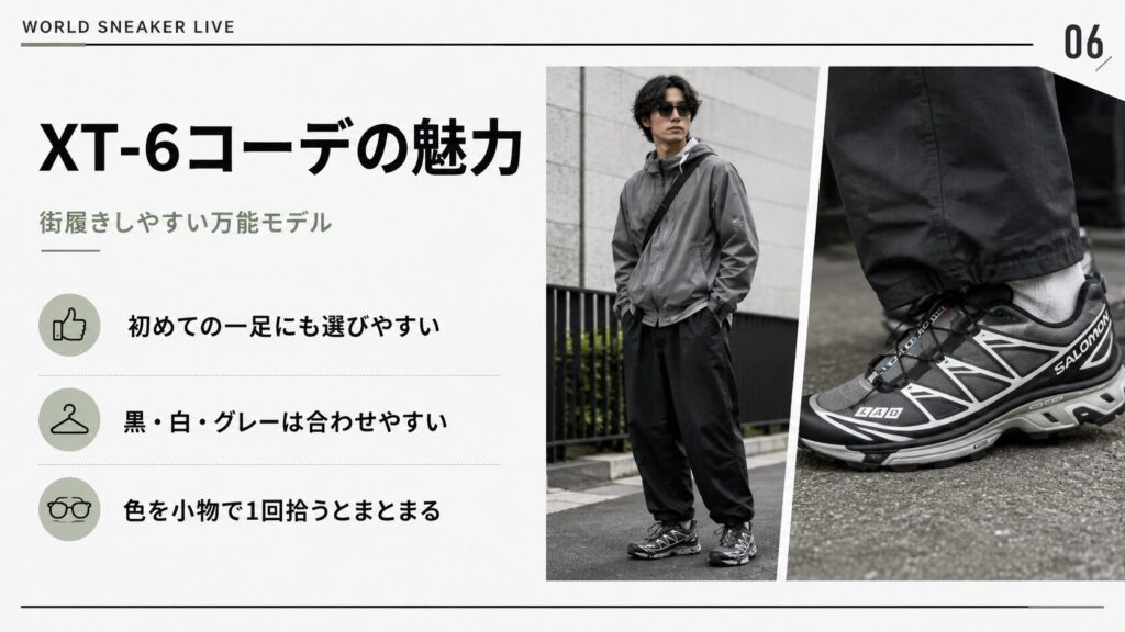 XT-6風のサロモンスニーカーを都会的な服装に合わせた街履きコーデ例と足元のアップ