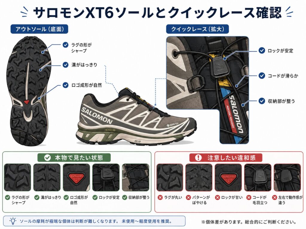 サロモンXT6のアウトソールのラグ形状、溝、ロゴ成形、クイックレースのロック、コード、収納部の確認ポイントをまとめた図解