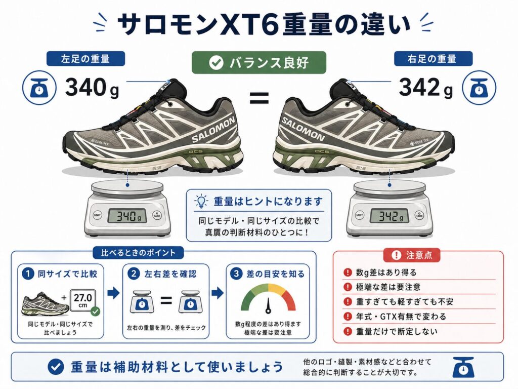 サロモンXT6の左右の重さをデジタル秤で比較し、同サイズでの重量差や注意点を確認する図解