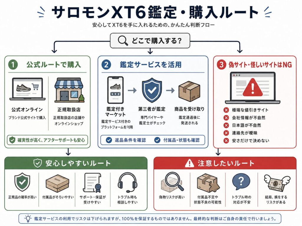サロモンXT6を安全に購入するための公式オンライン、正規取扱店、鑑定付きマーケット、偽サイト回避の流れを示した図解
