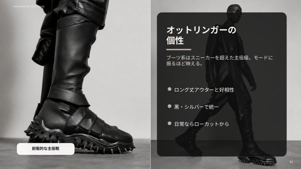オットリンガー系プーマモストロのブーツ的な個性や、黒とシルバーでモードにまとめる着こなしを示したスライド