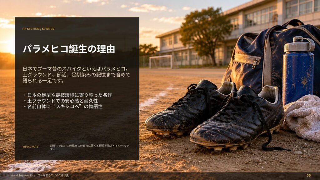 日本の土グラウンドや部活サッカー文化と結びついたプーマパラメヒコの魅力を解説するスライド