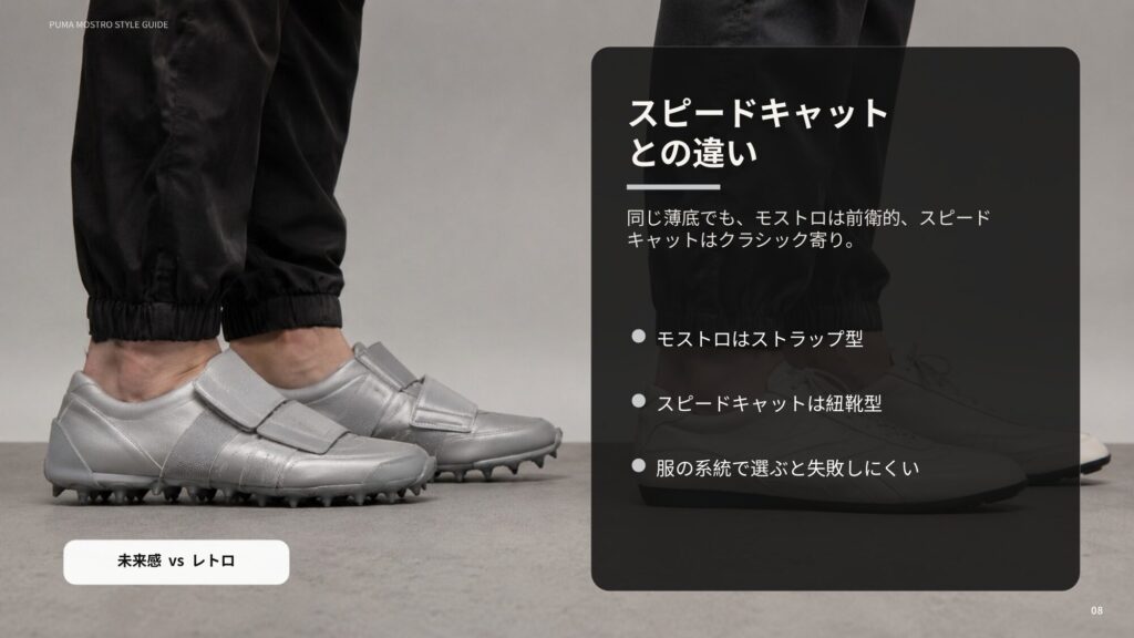 プーマモストロとスピードキャットの違いを、前衛的なストラップ型とクラシックな紐靴型の対比で示したスライド