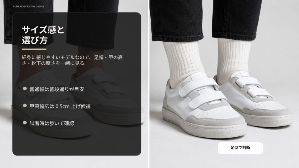 プーマモストロの細身なサイズ感、足幅や甲の高さ、靴下の厚さを考えた選び方を解説したスライド