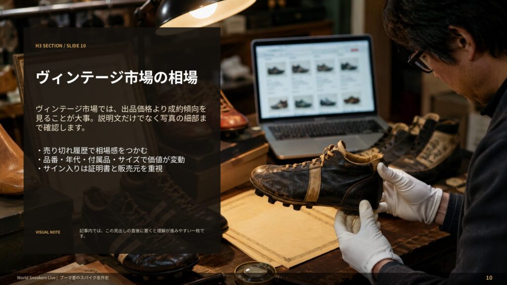 プーマ昔のスパイクのヴィンテージ市場で出品価格、成約価格、状態、付属品を確認するポイントをまとめたスライド