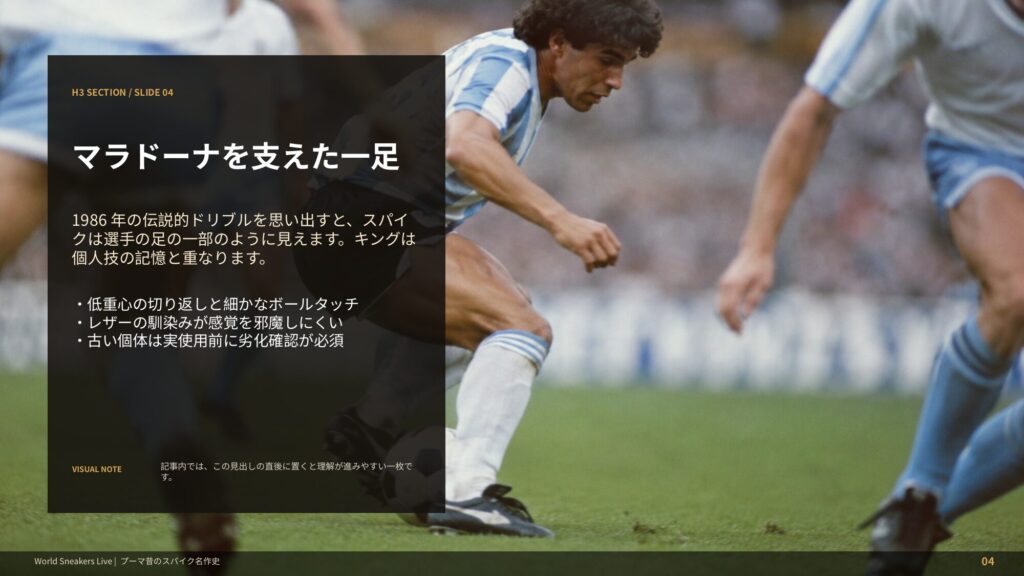 マラドーナの細かなボールタッチやドリブルを支えたプーマキングの存在感を表現したスライド