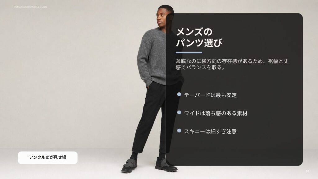 プーマモストロをメンズコーデで履く際のテーパード、ワイド、スキニーなどパンツ選びを解説したスライド