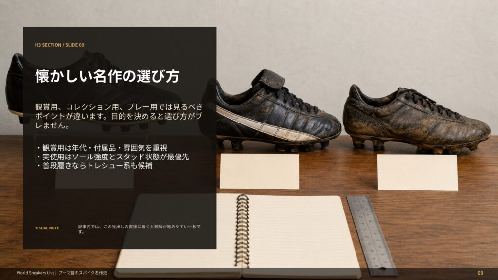 観賞用、コレクション用、プレー用、普段履き用で異なるプーマ昔のスパイクの選び方を整理したスライド