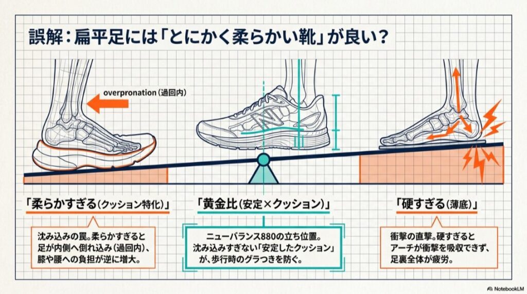 扁平足の靴選びでは柔らかすぎるクッション靴や硬すぎる薄底靴ではなく、安定性とクッション性のバランスが重要であることを示す比較図