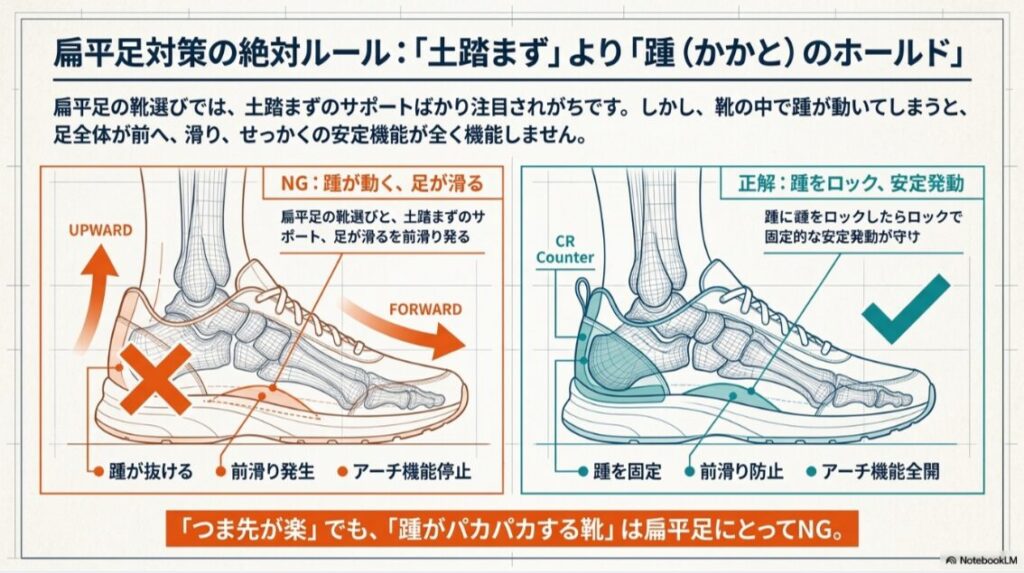 扁平足の靴選びでは土踏まずだけでなく、踵が抜けず前滑りしないホールド感が重要であることをNG例と正解例で示した図