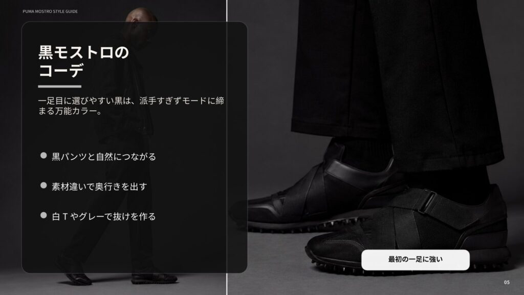 黒のプーマモストロを黒パンツや白Tシャツ、グレーアイテムと合わせるモードな着こなしを示したスライド