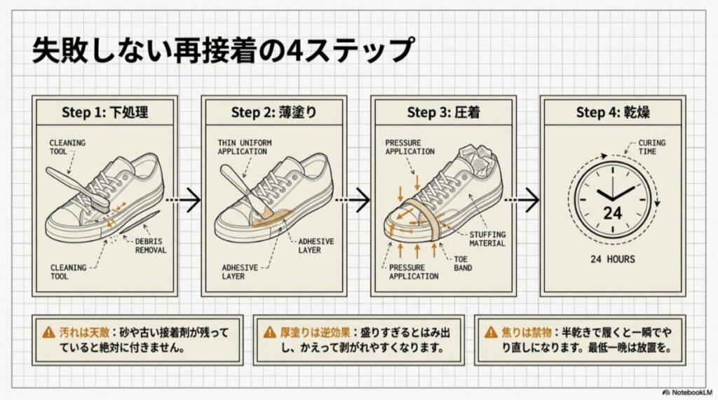 コンバースのサイドテープ剥がれを下処理、薄塗り、圧着、乾燥の4手順で補修する流れ