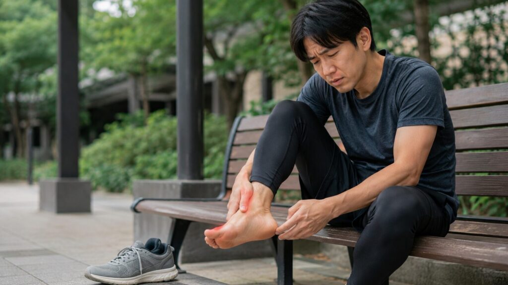 スニーカーの締めすぎで足の痛みやしびれを確認する日本人男性