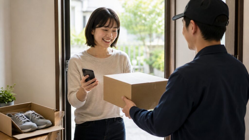 ニューバランス風スニーカーの荷物を玄関で受け取り安心する日本人女性と配送員