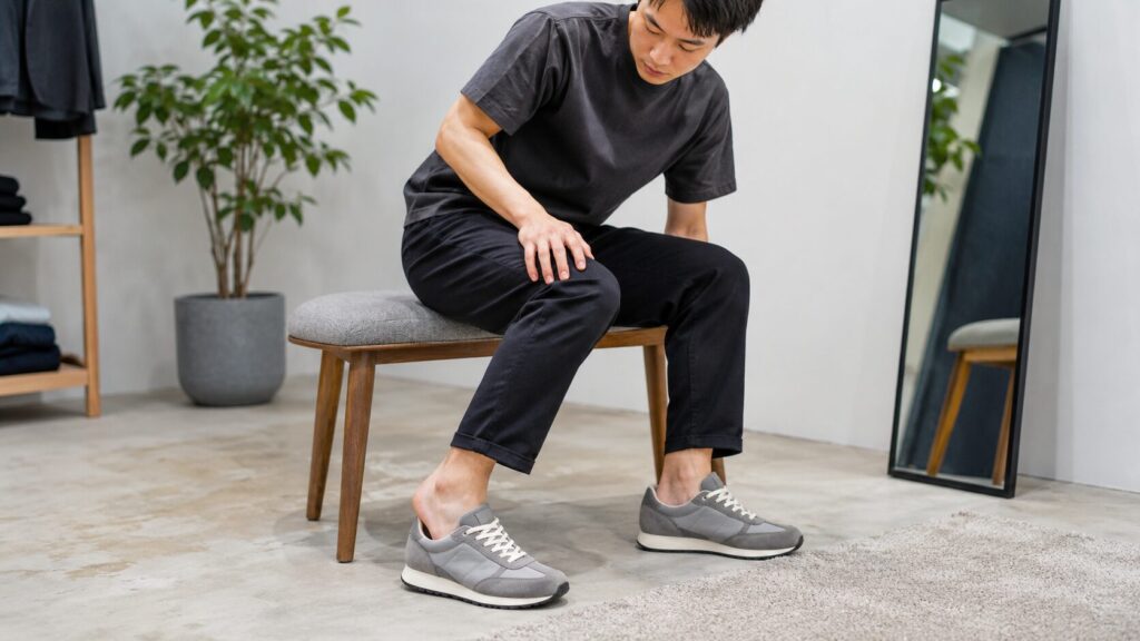 ニューバランス風スニーカーでかかとが浮く原因を確認する日本人男性