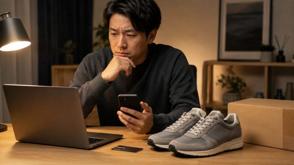 ニューバランスの注文が保留中のまま不安になり、スマホとパソコンで購入履歴を確認する日本人男性