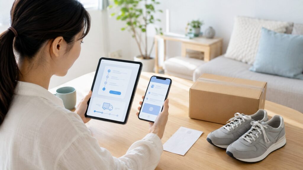 タブレットとスマホでニューバランスの購入履歴や配送状況を確認する日本人女性