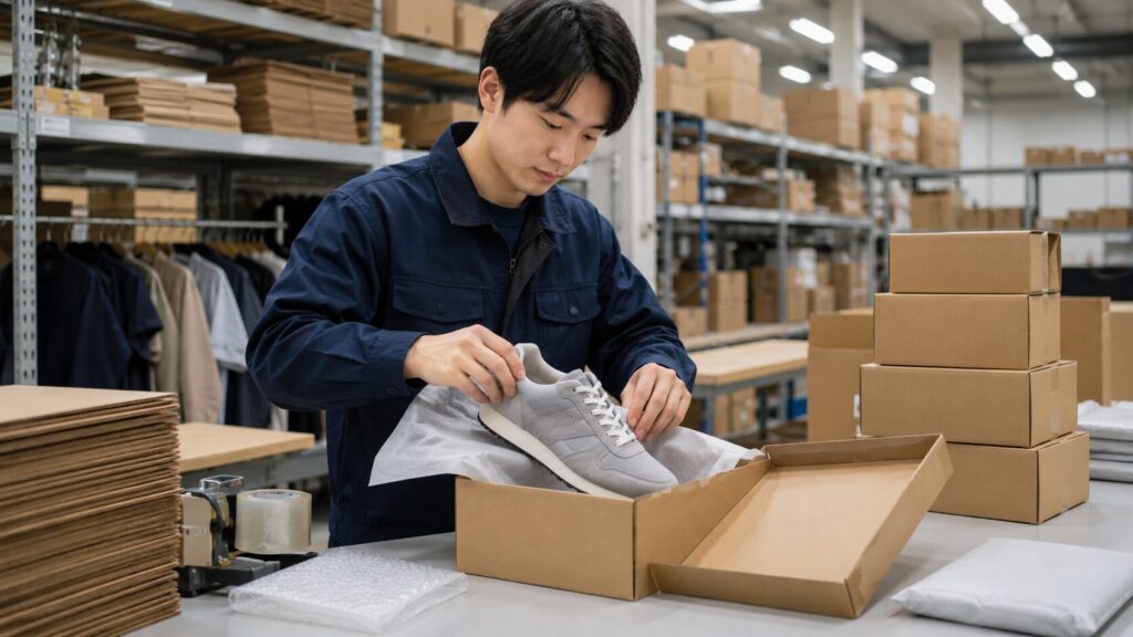 倉庫でニューバランス風スニーカーを箱に入れて出荷準備をする日本人スタッフ