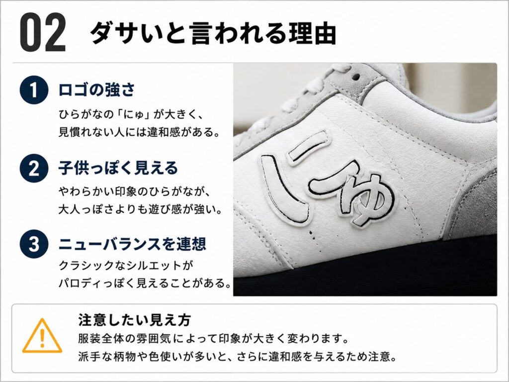 にゅスニーカーがダサいと言われる理由として、ロゴの強さや子供っぽさ、ニューバランスを連想する点を解説したスライド