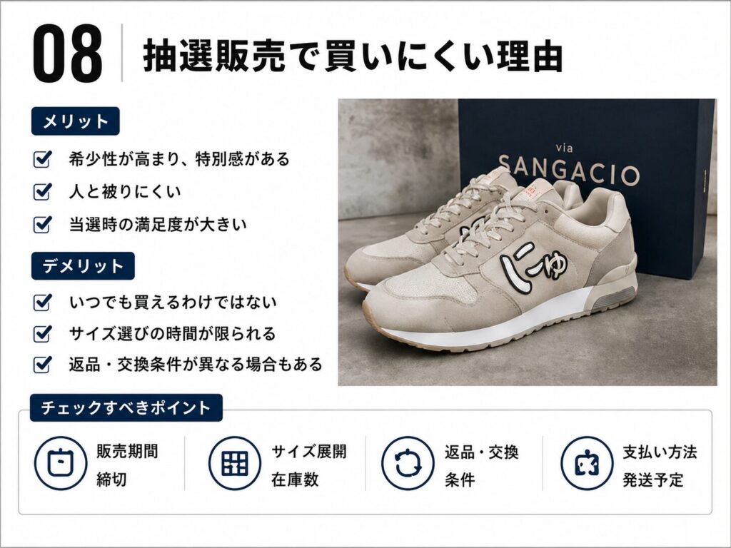 にゅスニーカーの抽選販売について、希少性や特別感などのメリットと、サイズ選びや返品条件などの注意点をまとめたスライド