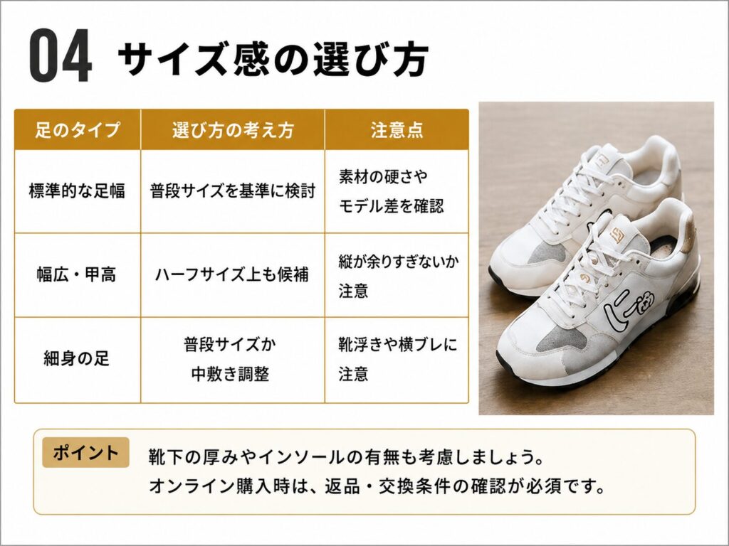 にゅスニーカーのサイズ感について、標準的な足幅、幅広・甲高、細身の足ごとの選び方を表で整理したスライド