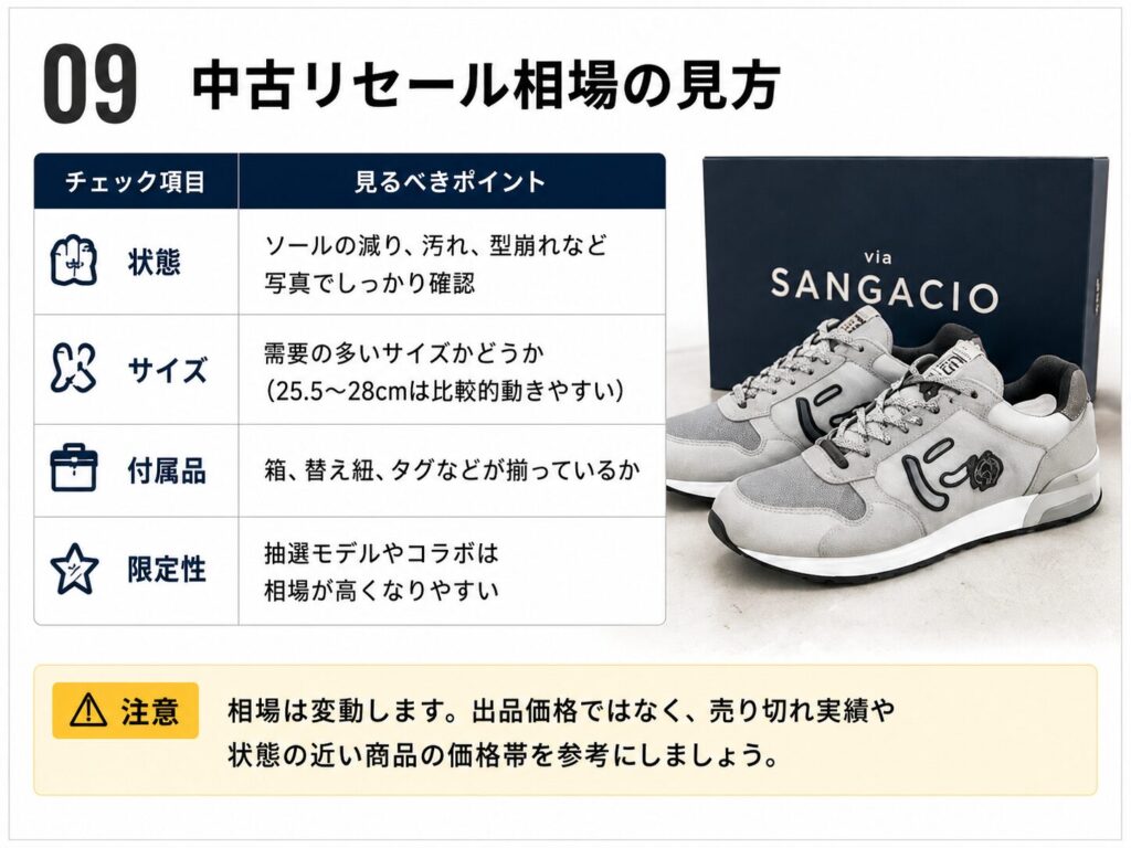 にゅスニーカーの中古リセール相場を見る際に確認したい状態、サイズ、付属品、限定性を整理したスライド