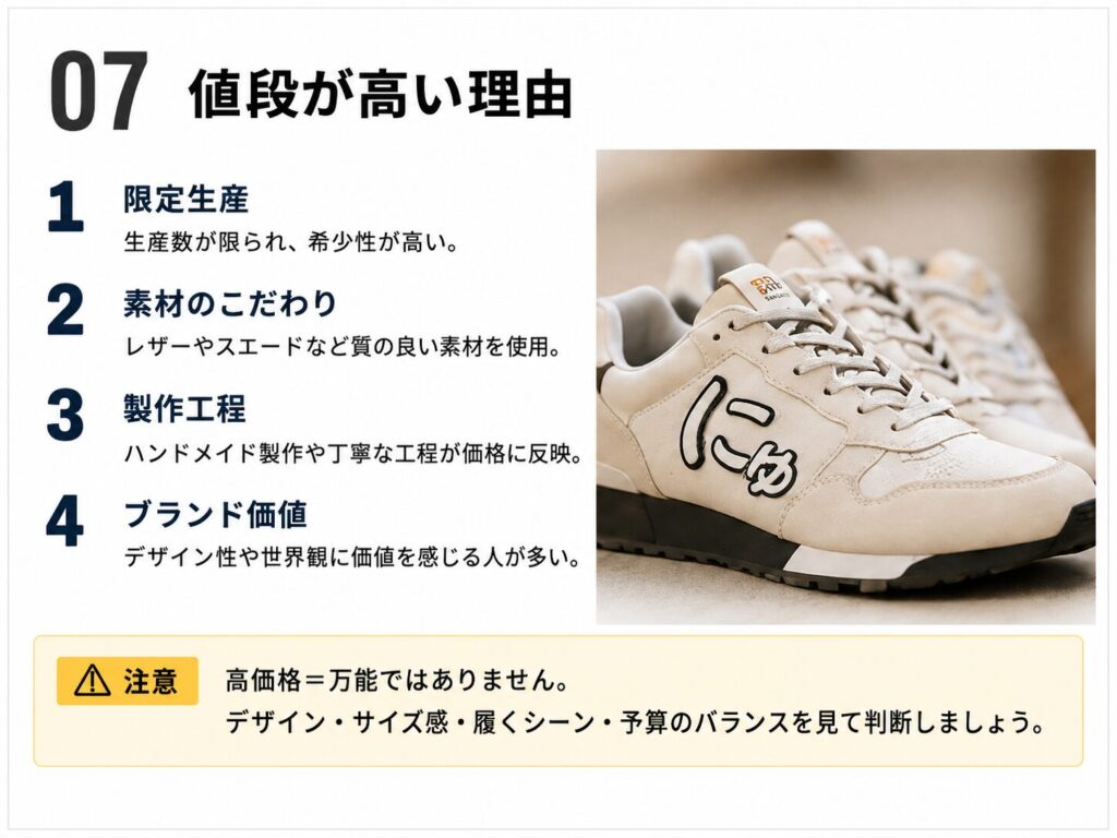 にゅスニーカーの値段が高い理由として、限定生産、素材のこだわり、製作工程、ブランド価値を整理したスライド